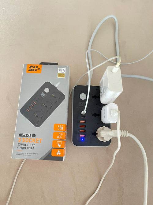 Multiprise universelle SH — 3 prises secteur, 4 ports USB, puissance 2500W