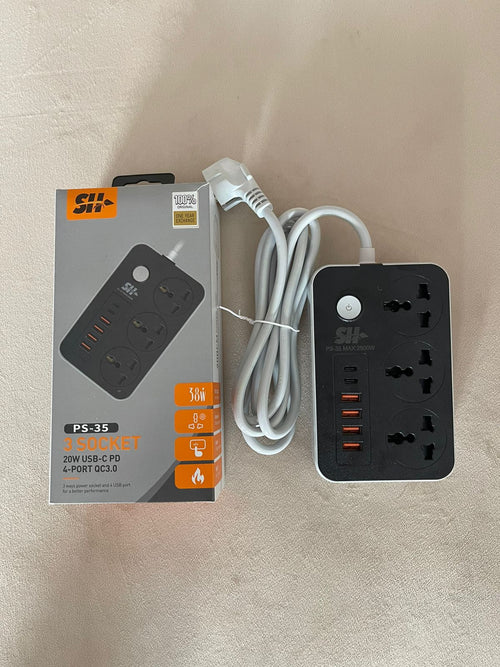 Multiprise universelle SH — 3 prises secteur, 4 ports USB, puissance 2500W